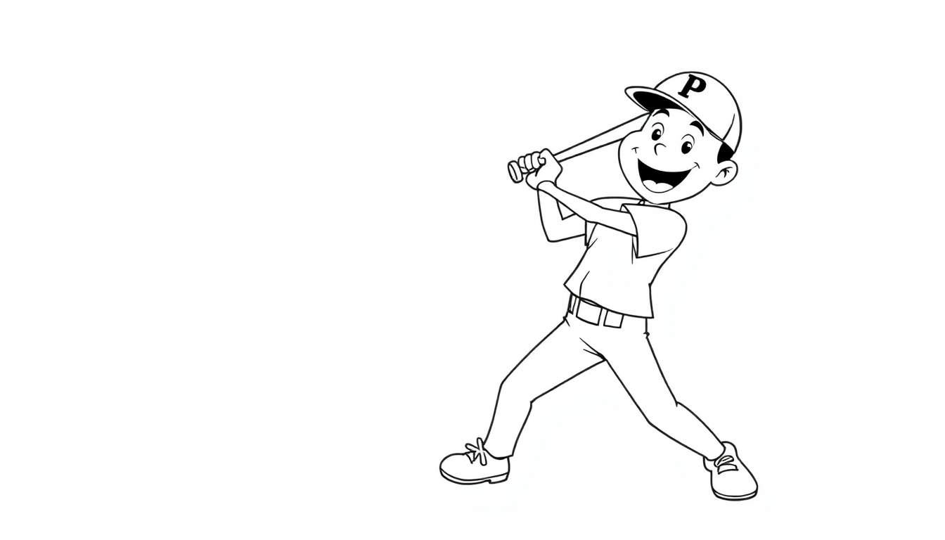 Un niño sonriente con un gorro con la letra P, bateando en un juego de béisbol en una página para colorear en blanco y negro.
