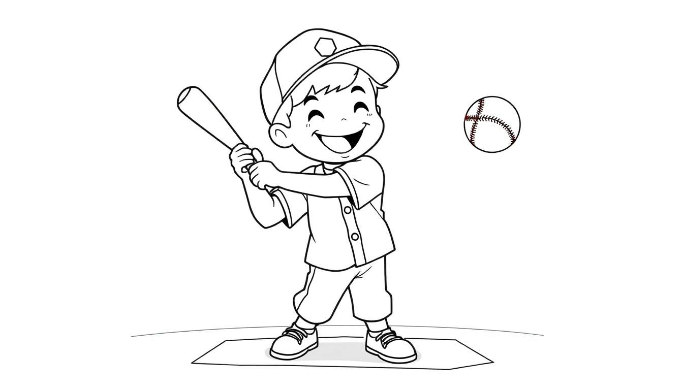Niño sonriente listo para batear béisbol, dibujo para colorear en blanco y negro de una placa de color.