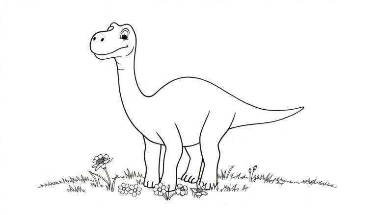 Placa de color de un amigable dinosaurio Diplodocus en blanco y negro.