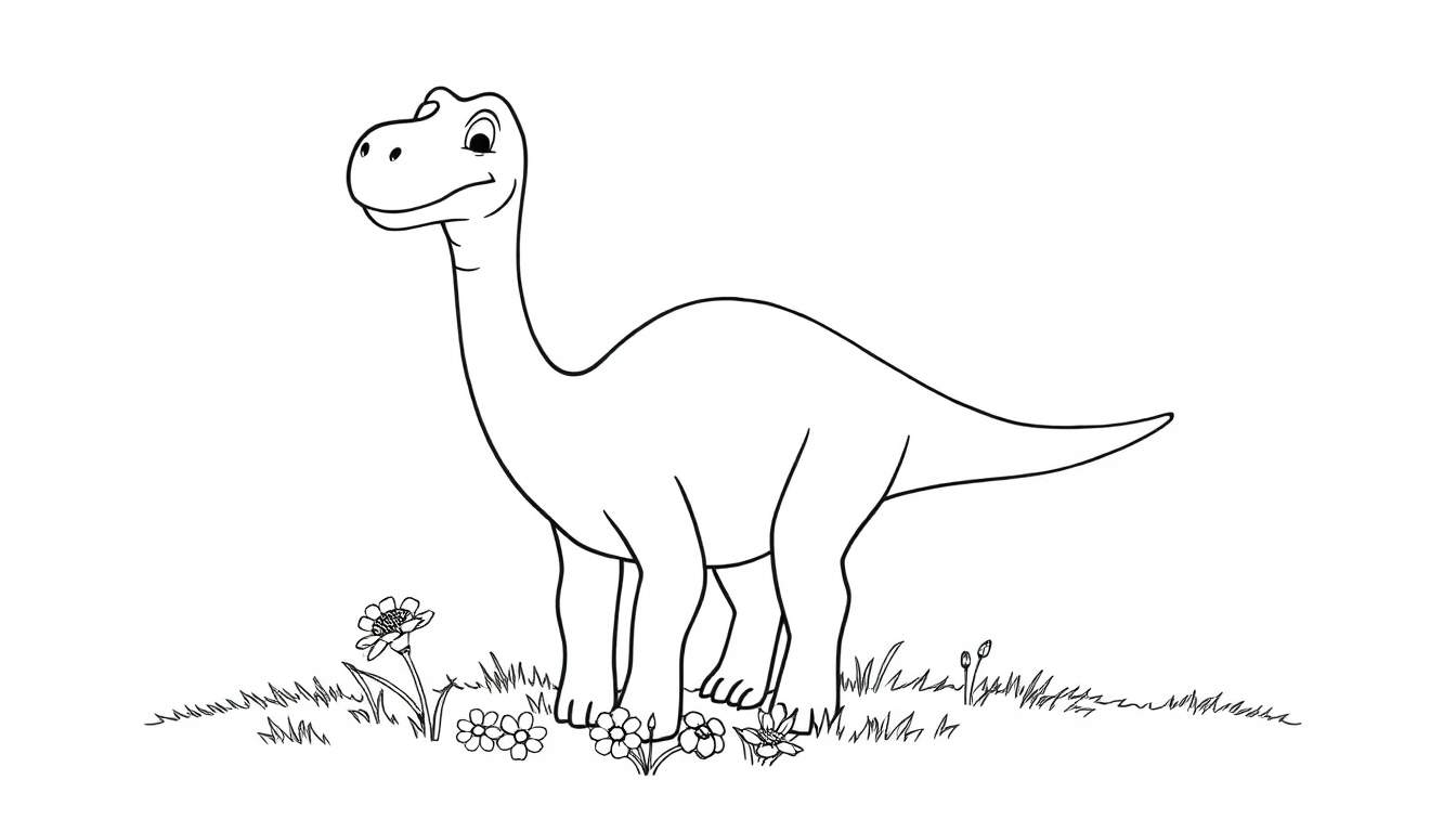 Placa de color de un amigable dinosaurio Diplodocus en blanco y negro.