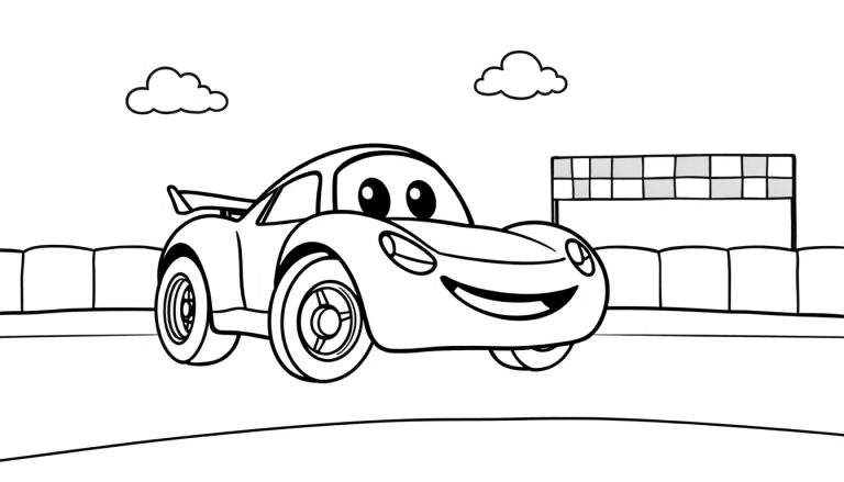 Página para colorear de un coche de carreras sonriente, listo para la placa de color.
