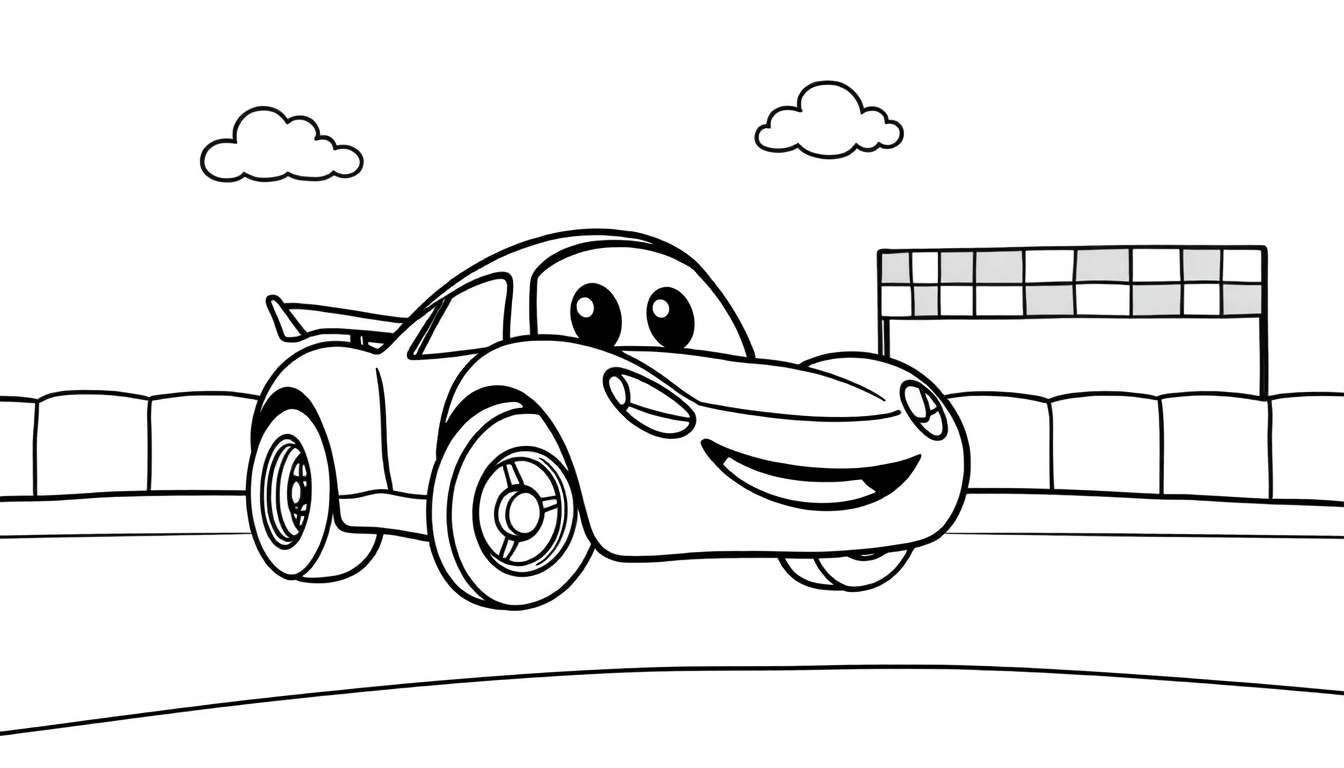 Página para colorear de un coche de carreras sonriente, listo para la placa de color.
