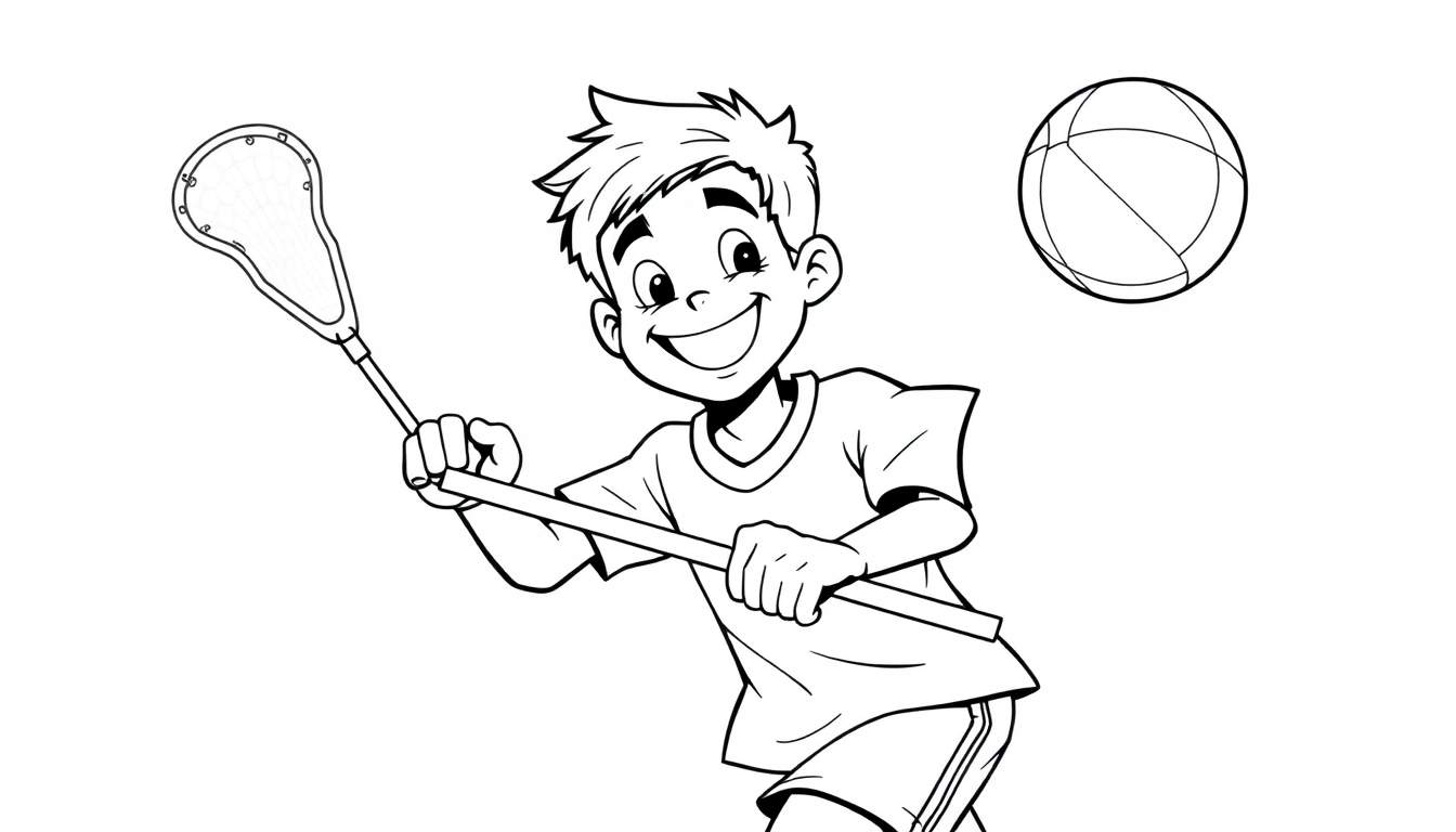 Página para colorear de un niño sonriente jugando al lacrosse con un palo y una pelota.