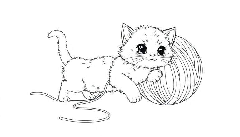 Un dibujo lineal de un gatito jugando con una placa de color de lana.