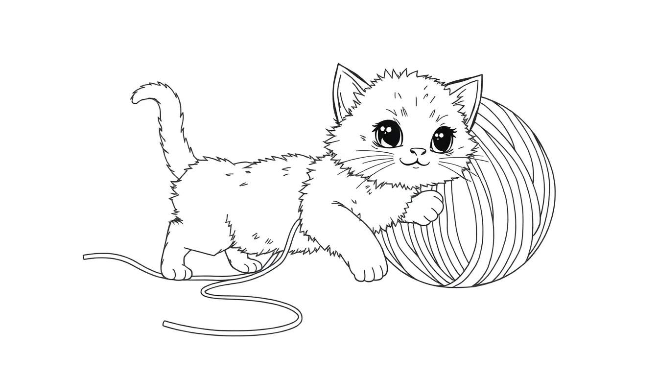 Un dibujo lineal de un gatito jugando con una placa de color de lana.