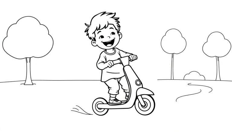 Placa de color de un niño sonriente en patinete en un parque.