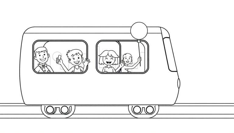 Página para colorear de un tren divertido con gente saludando desde las ventanas, incluyendo una persona con un globo. La placa de color es en blanco y negro.