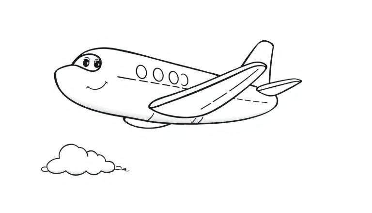 Placa de color de un avión animado sonriente con una nube debajo.