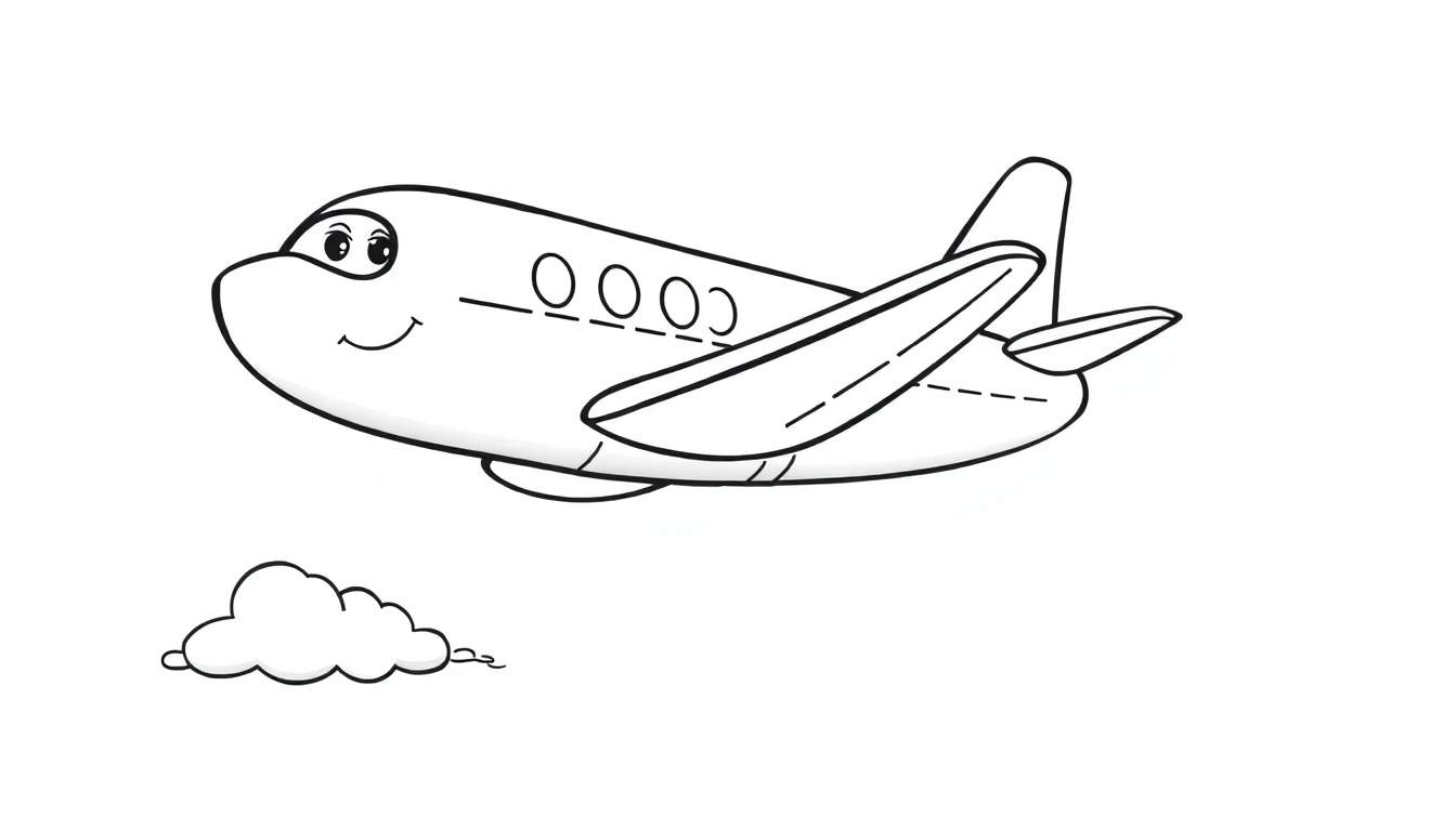 Placa de color de un avión animado sonriente con una nube debajo.