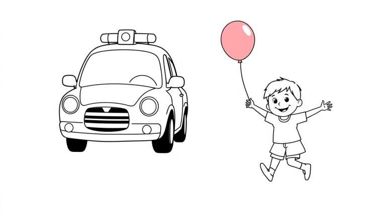 Un coche de policía amigable esperando a un niño con un globo en un paso de cebra.
