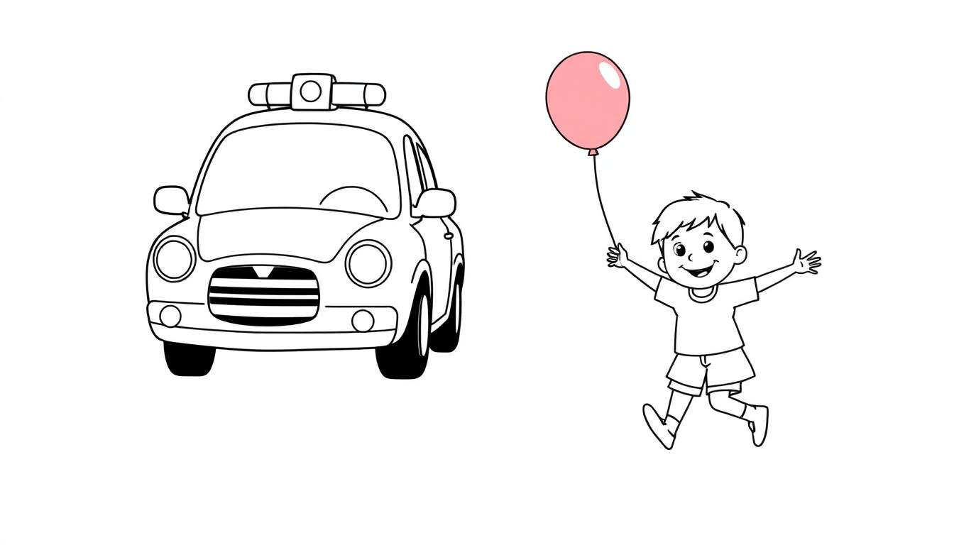 Un coche de policía amigable esperando a un niño con un globo en un paso de cebra.