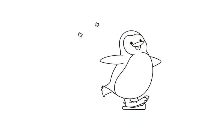 Pingüino feliz patinando en hielo, listo para colorear en esta placa de color.