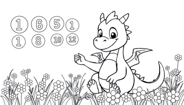 Página para colorear de un dragón amigable rodeado de flores, con círculos numerados para colorear.