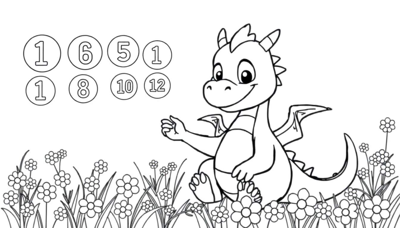 Página para colorear de un dragón amigable rodeado de flores, con círculos numerados para colorear.