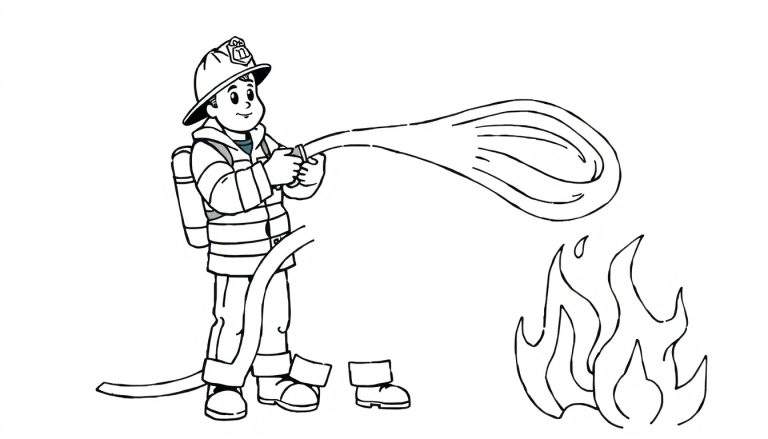 Placa de color de un bombero valiente apagando un fuego.