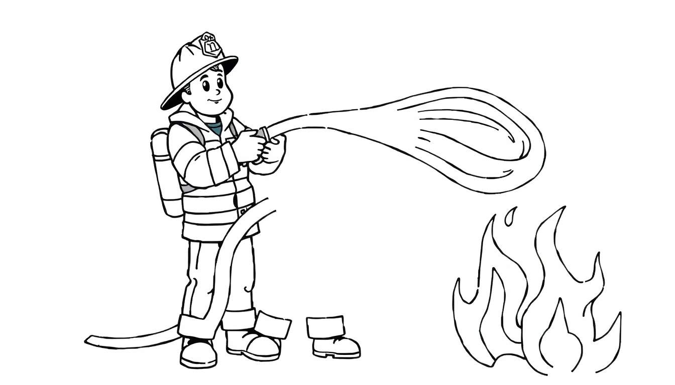 Placa de color de un bombero valiente apagando un fuego.