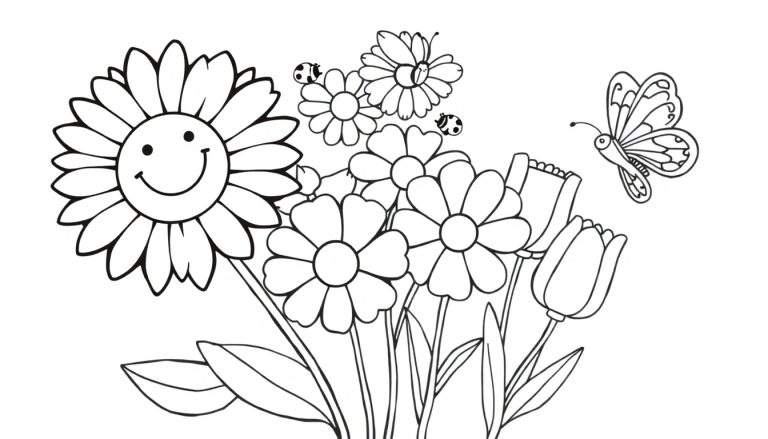 Placa de color de un jardín alegre con girasol, margaritas, tulipanes y una mariposa.