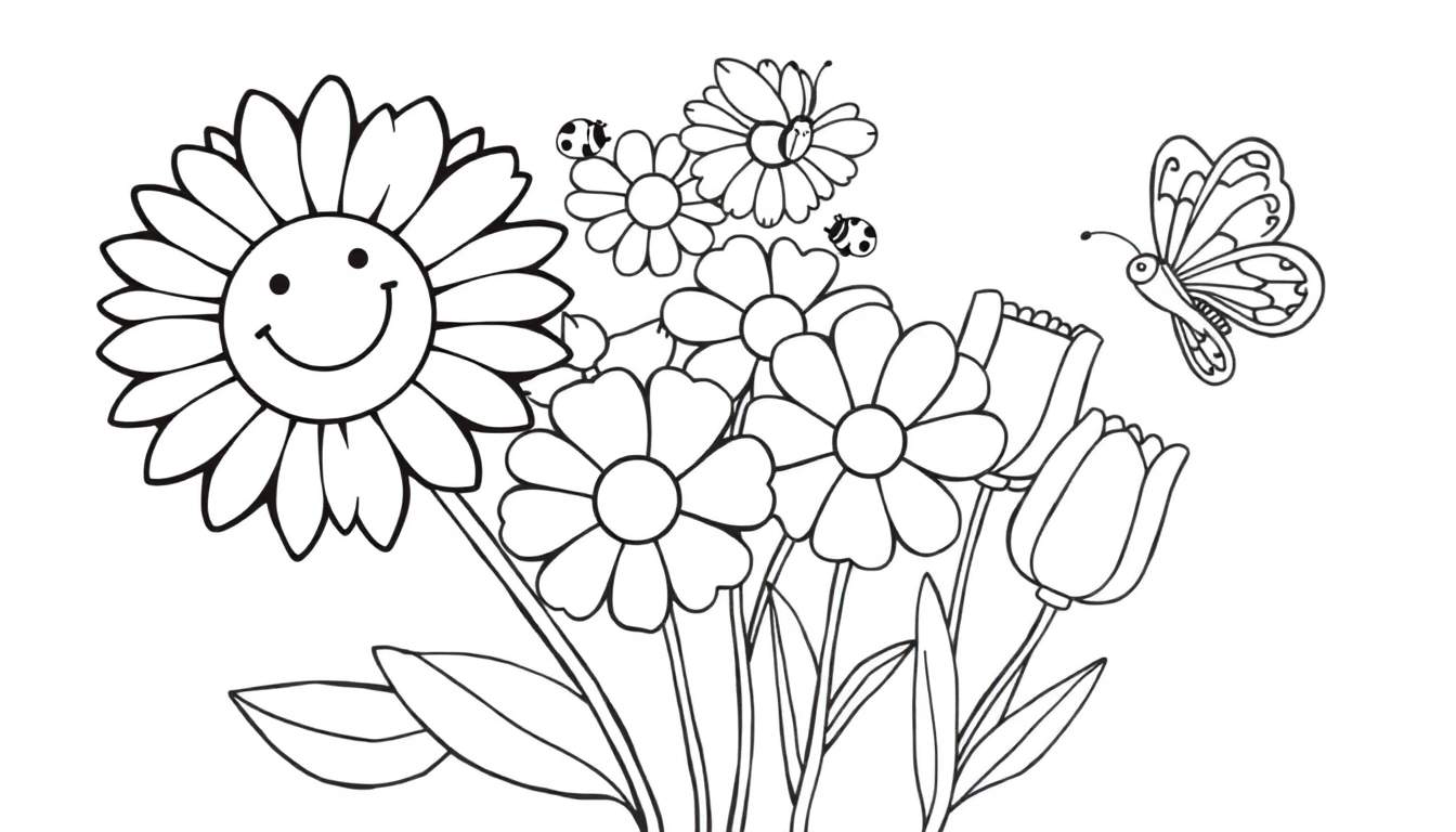 Placa de color de un jardín alegre con girasol, margaritas, tulipanes y una mariposa.