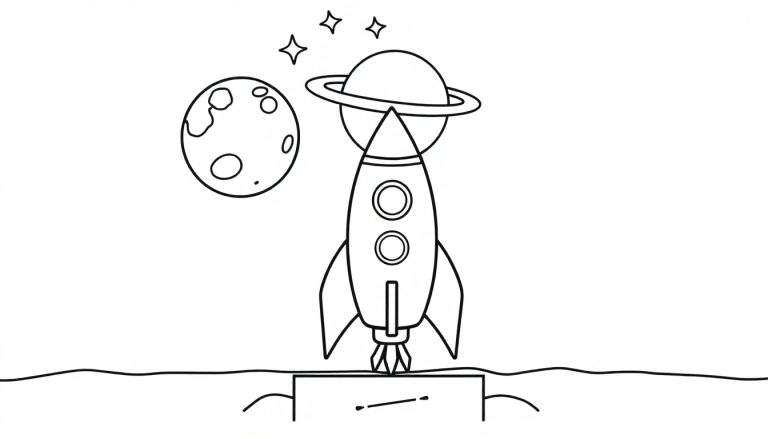 Página para colorear de un cohete espacial sobre un planeta con estrellas y una luna, lista para la placa de color.