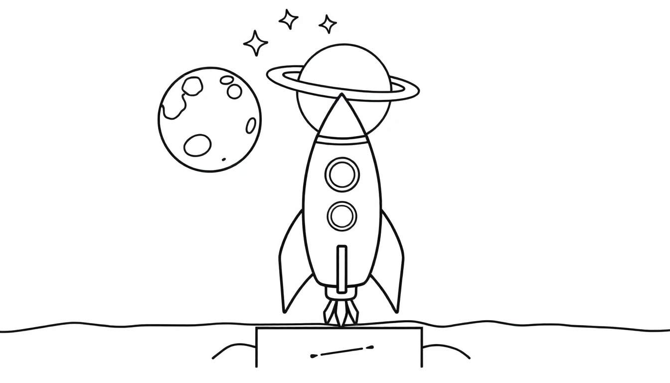 Página para colorear de un cohete espacial sobre un planeta con estrellas y una luna, lista para la placa de color.