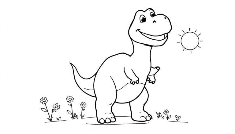 Placa de color de un dinosaurio T-Rex amigable sonriendo en un campo de flores.