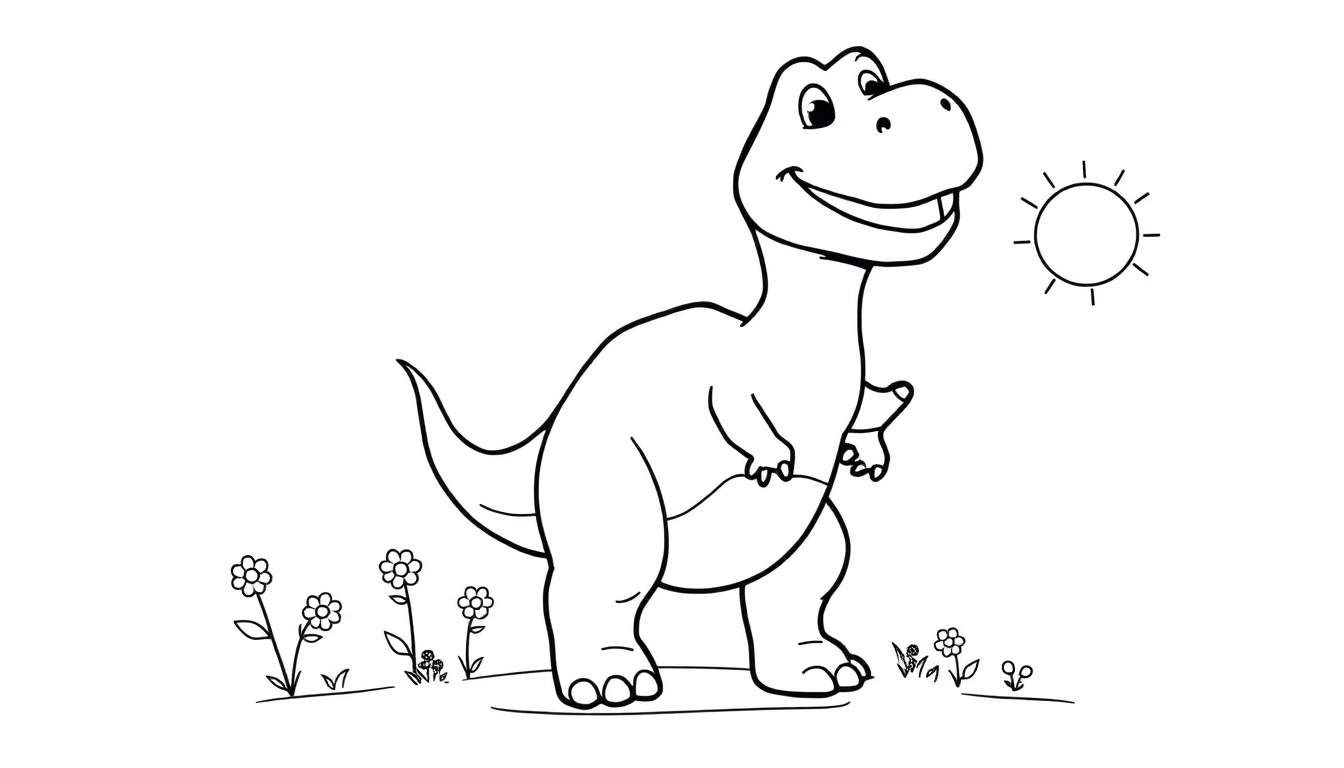 Placa de color de un dinosaurio T-Rex amigable sonriendo en un campo de flores.