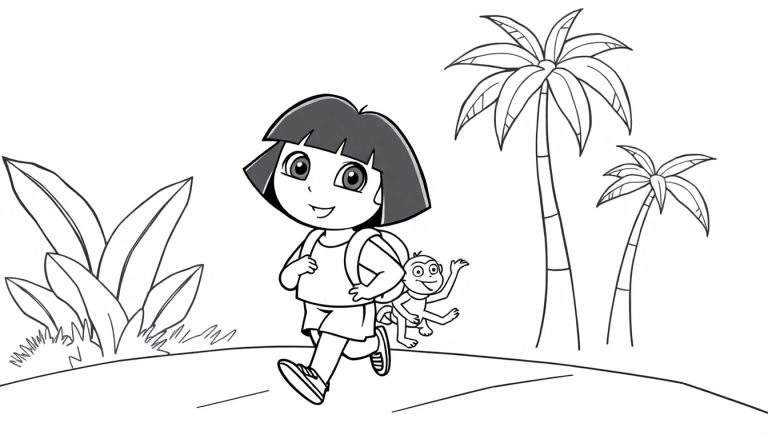 Dora la Exploradora y Boots en una página para colorear, lista para ser llenada con colores.