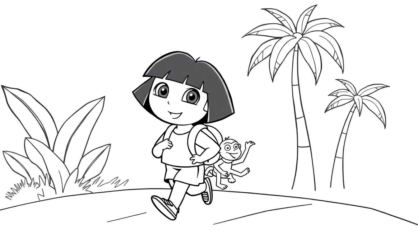 Dora la Exploradora y Boots en una página para colorear, lista para ser llenada con colores.