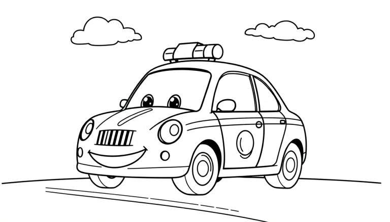 Un coche de policía de dibujos animados en blanco y negro con una gran sonrisa, listo para la acción.