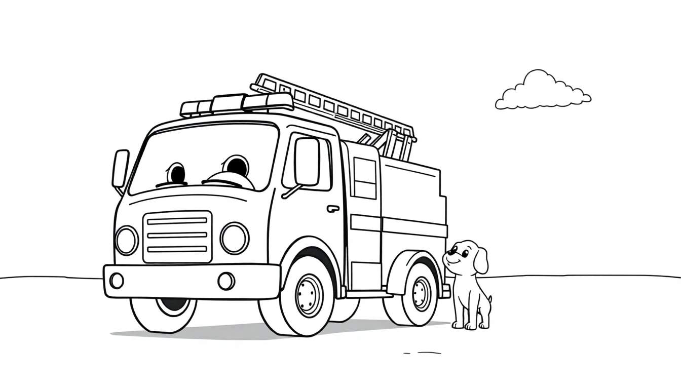 Un camión de bomberos amigable en blanco y negro, con un perro y una placa de color lista para ser pintada.