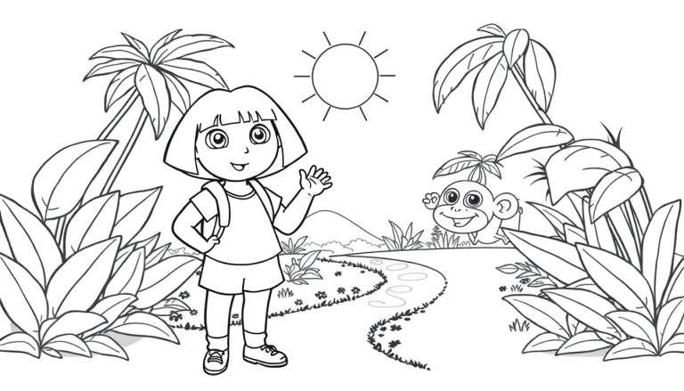 Dora la Exploradora en una selva con una placa de color para colorear.