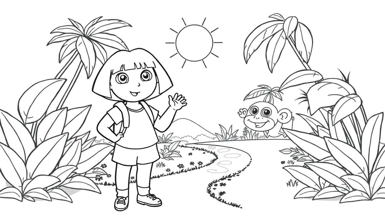 Dora la Exploradora en una selva con una placa de color para colorear.