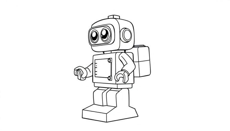 Placa de color de un pequeño robot amigable hecho de bloques tipo Lego.