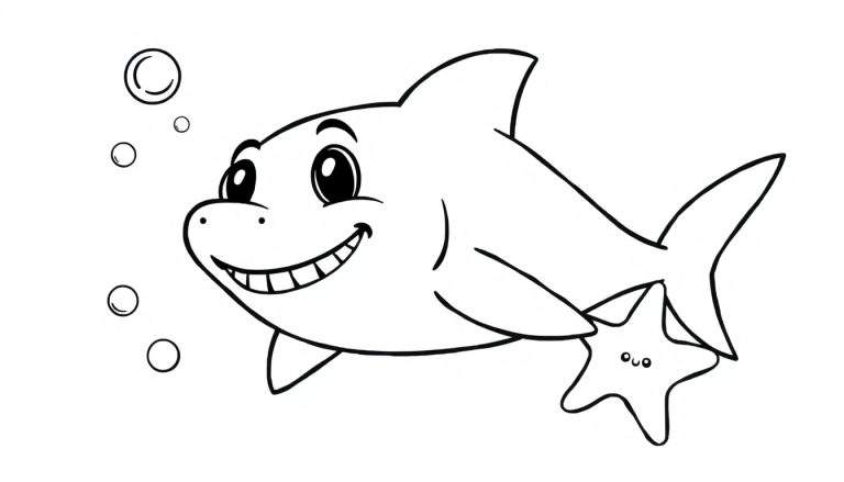 Un tiburón sonriente de dibujos animados listo para colorear con burbujas y una estrella de mar, perfecto para una placa de color.