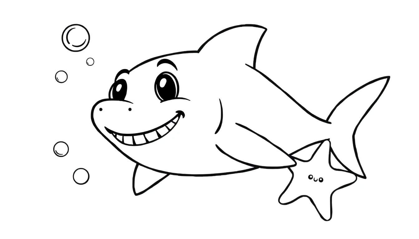 Un tiburón sonriente de dibujos animados listo para colorear con burbujas y una estrella de mar, perfecto para una placa de color.