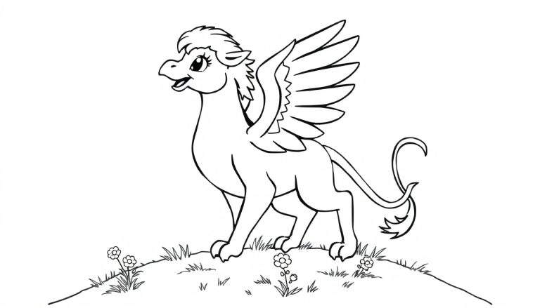 Un dibujo lineal de un grifo en blanco y negro sobre una pequeña colina, listo para colorear, con la palabra placa de color en la imagen.