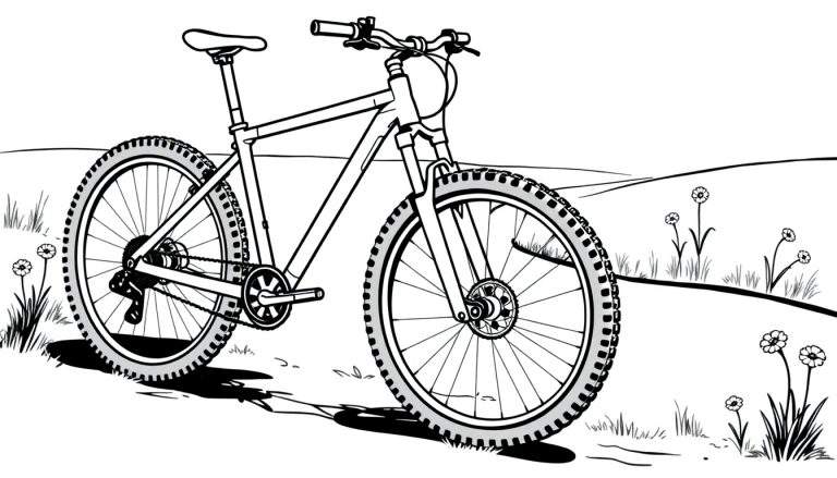 Una bicicleta de montaña con ruedas grandes, lista para ser coloreada, sobre un campo con una colina suave, todo en blanco y negro, para niños, con una placa de color.