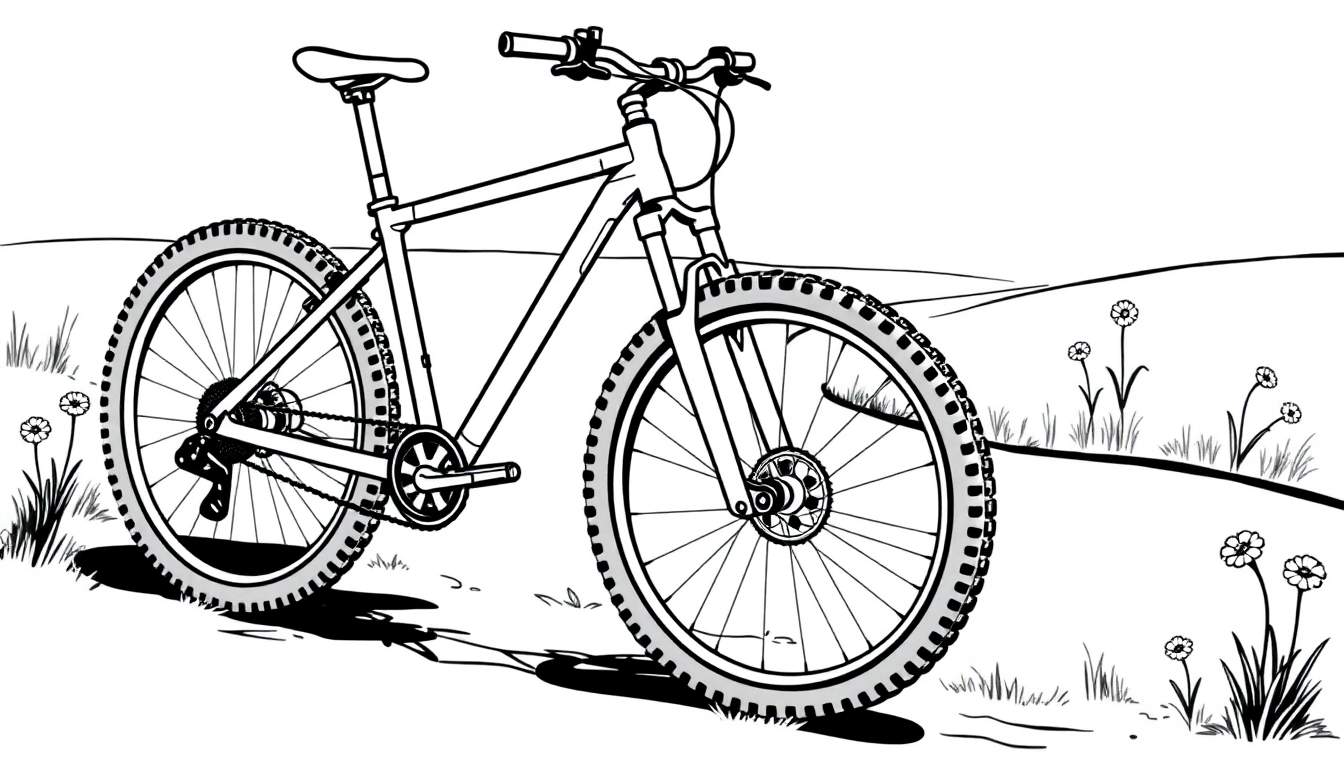 Una bicicleta de montaña con ruedas grandes, lista para ser coloreada, sobre un campo con una colina suave, todo en blanco y negro, para niños, con una placa de color.