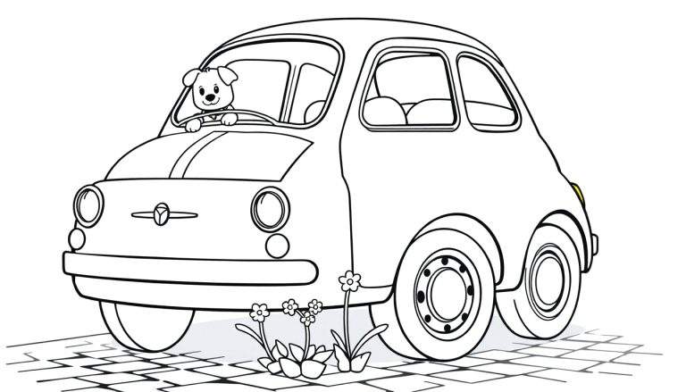 Un dibujo de un Fiat 500 clásico con un perro al volante, listo para ser coloreado, destacando la placa de color.