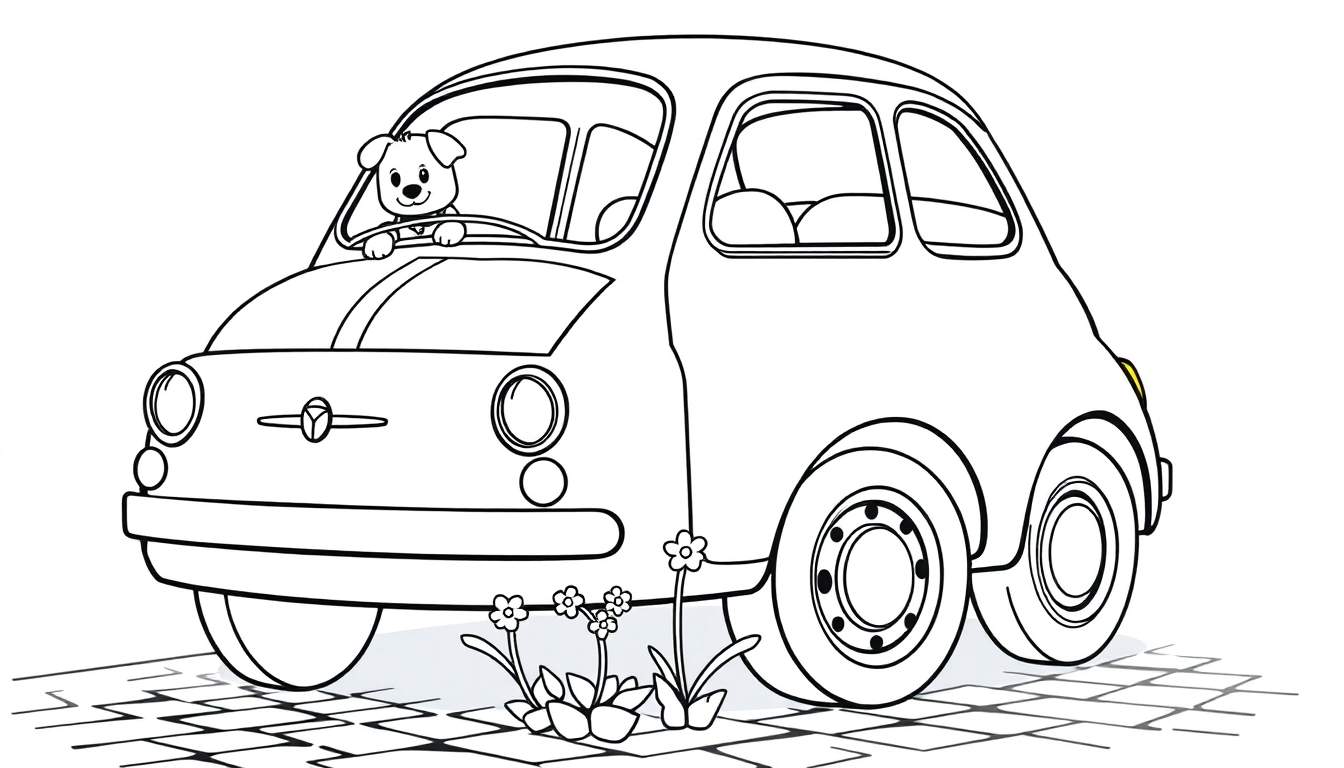 Un dibujo de un Fiat 500 clásico con un perro al volante, listo para ser coloreado, destacando la placa de color.