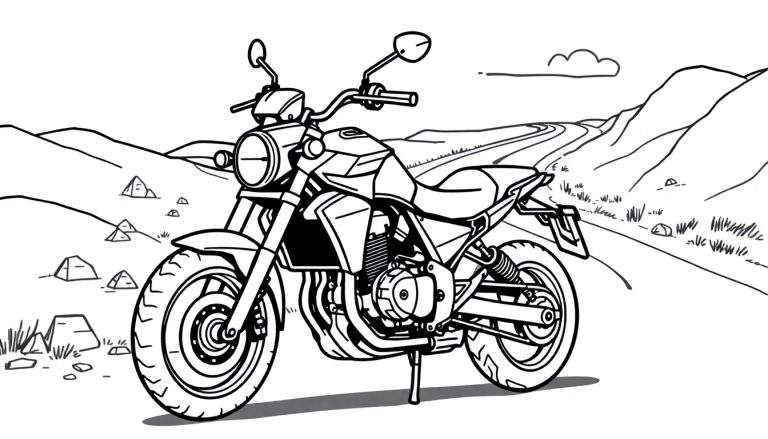 Una moto estilo scrambler dibujada a mano, lista para ser coloreada y añadirle una placa de color.