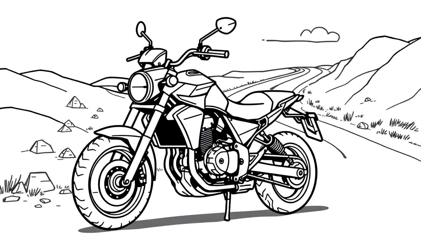 Una moto estilo scrambler dibujada a mano, lista para ser coloreada y añadirle una placa de color.