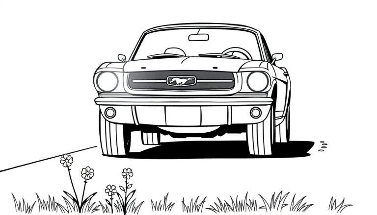 Un coche Mustang antiguo para colorear con la placa de color lista para la aventura.
