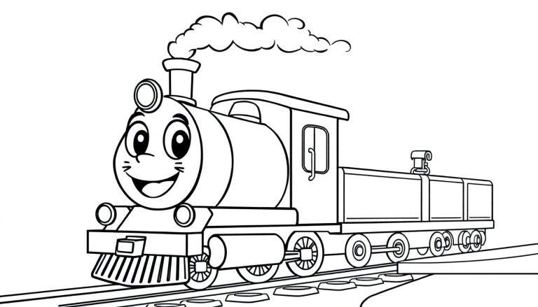 Placa de color de un tren de dibujos animados amigable saliendo de la estación.