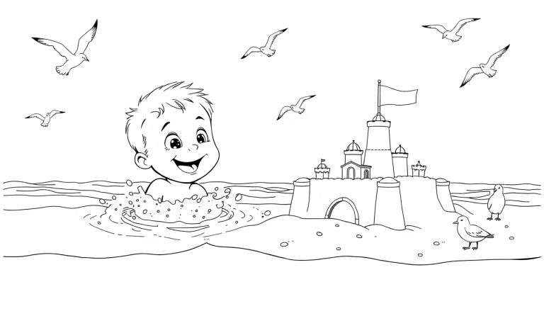 Un niño sonriente salpicando agua en la playa, con un castillo de arena y gaviotas en la placa de color.