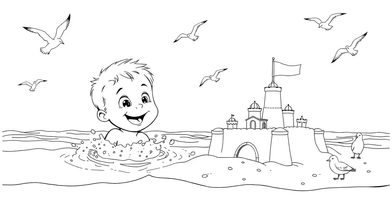 Un niño sonriente salpicando agua en la playa, con un castillo de arena y gaviotas en la placa de color.