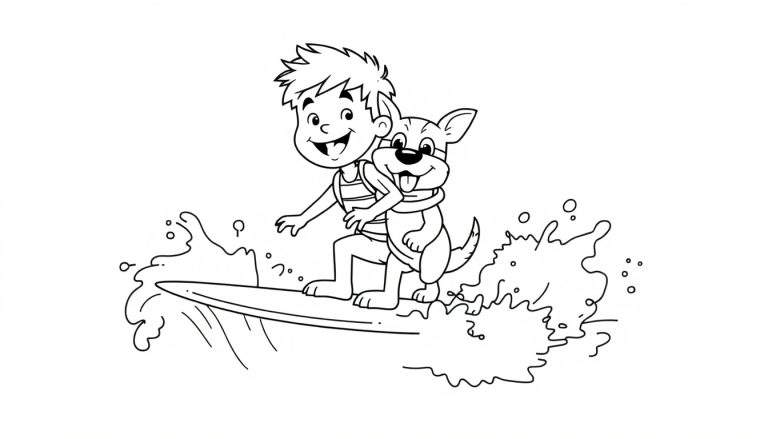 Un niño y su perro en una tabla de surf en una ola, listo para colorear en la placa de color.