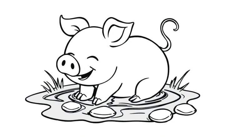 Cerdo de dibujos animados guiñando un ojo en un charco para colorear, diseño de placa de color.