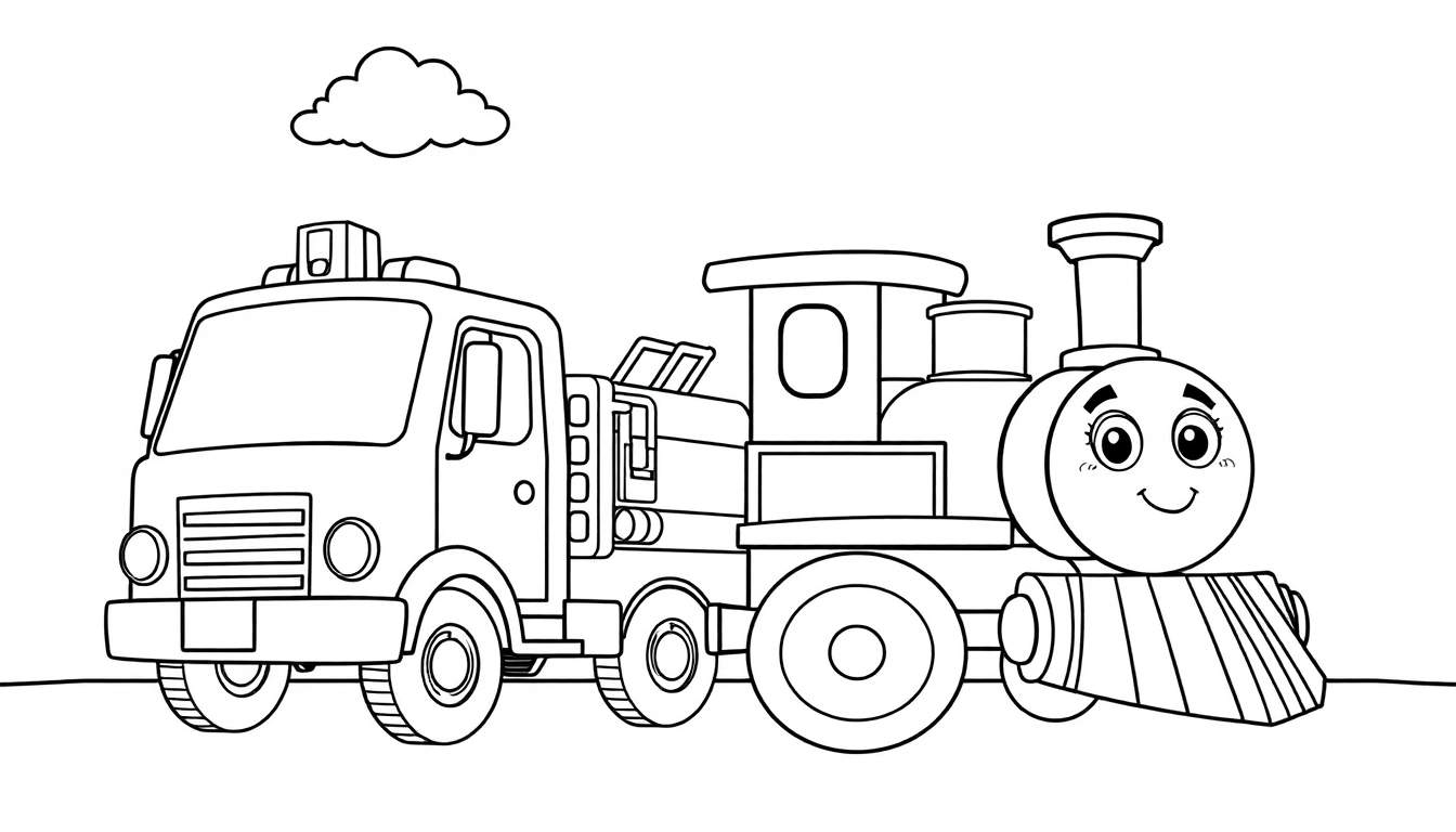 Una placa de color de un tren de dibujos animados amigable y un camión juguetón.