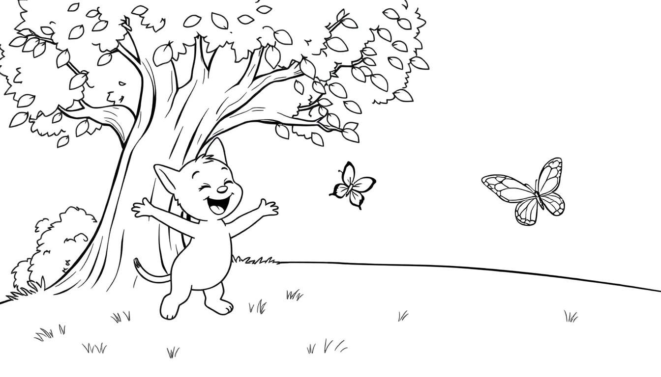Placa de color de un gato feliz bajo un árbol con mariposas.